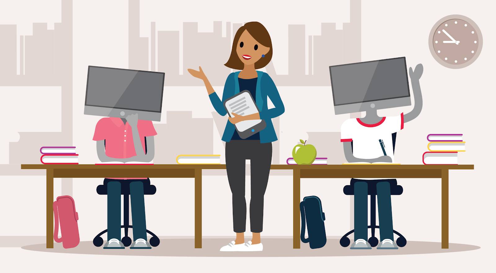 A teacher testing students on a concept—the students’ heads are computer monitors to represent them as systems being tested.
