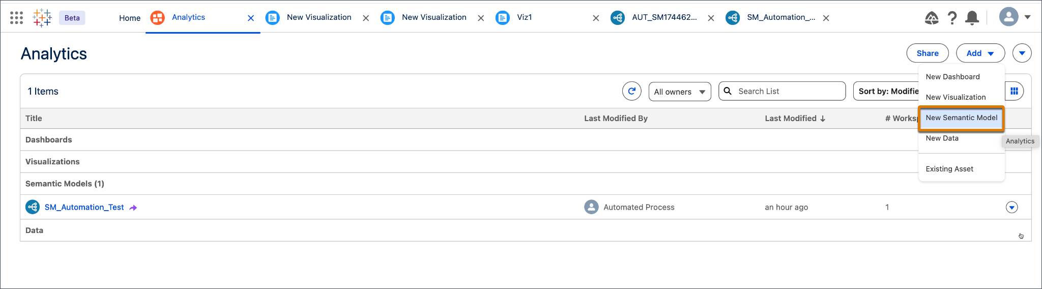 The New Semantic Model menu option.
