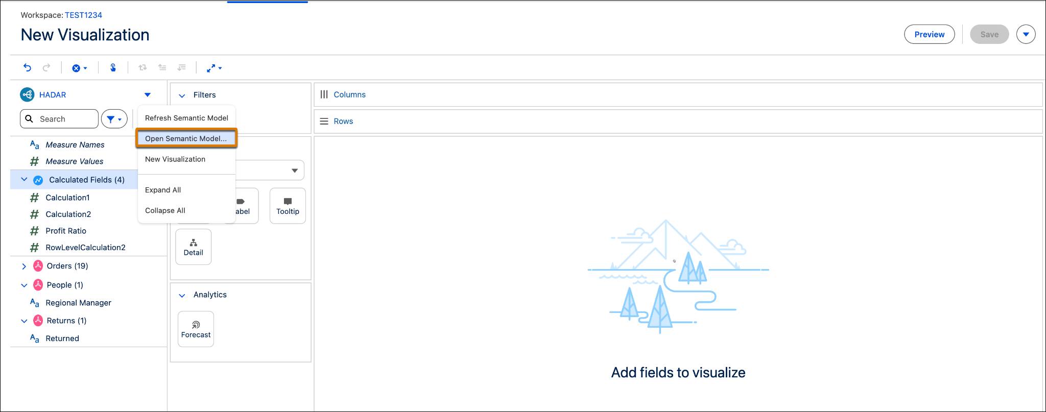 The Open Semantic Model option on the New Visualization page.