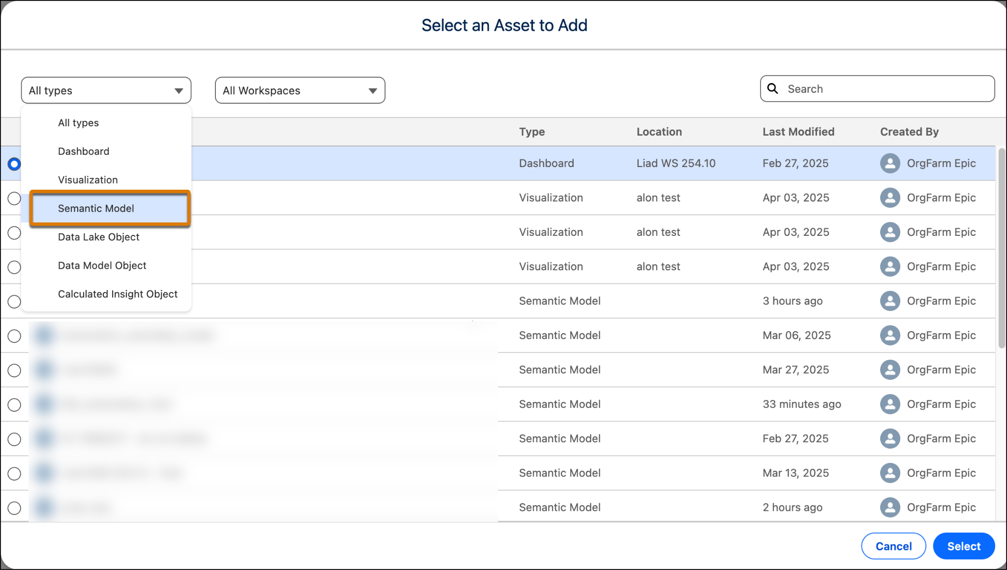 The Semantic Model asset type option in the Select an Asset to Add dialog.