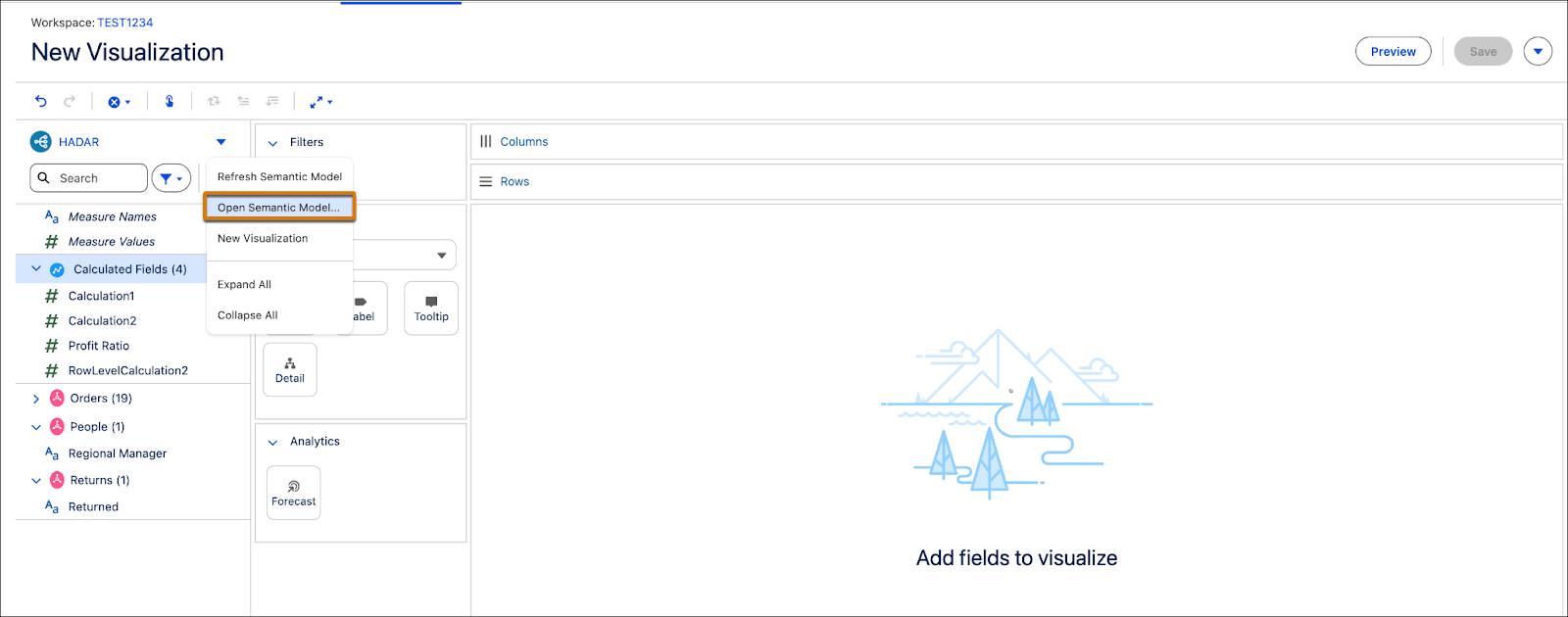 The Open Semantic Model option on the New Visualization page.