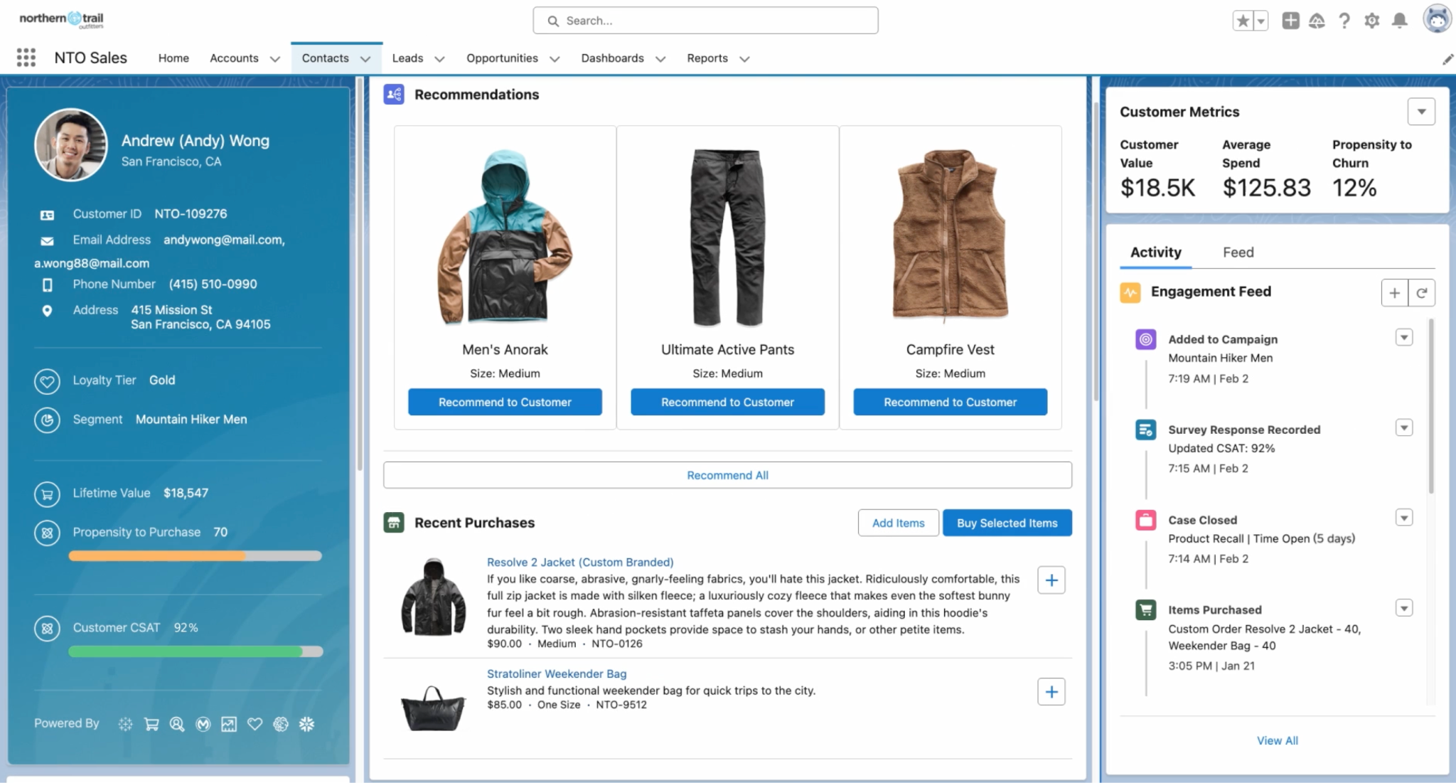 Unified customer profile showing customer information, recommendations, recent purchases, customer metrics, and activity.