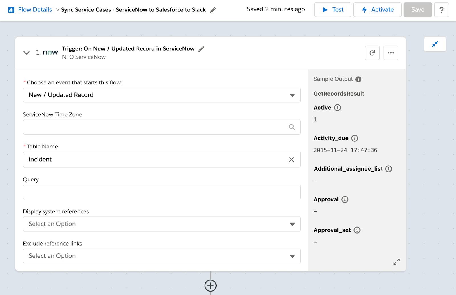 Step 1 of flow showing a new or updated incident in ServiceNow as the trigger.