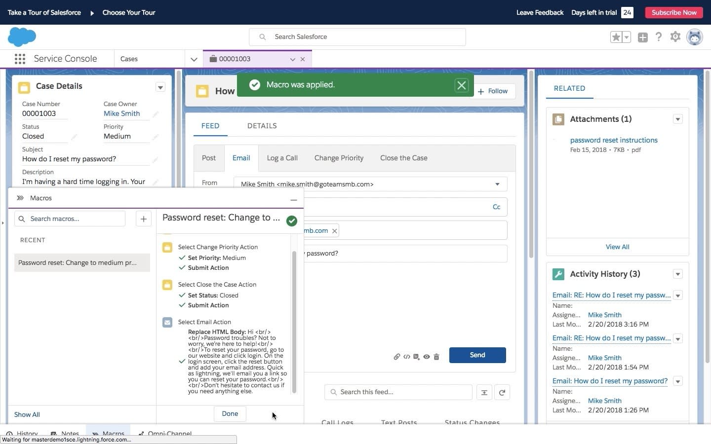 An open case in the console in Salesforce with the macros component open