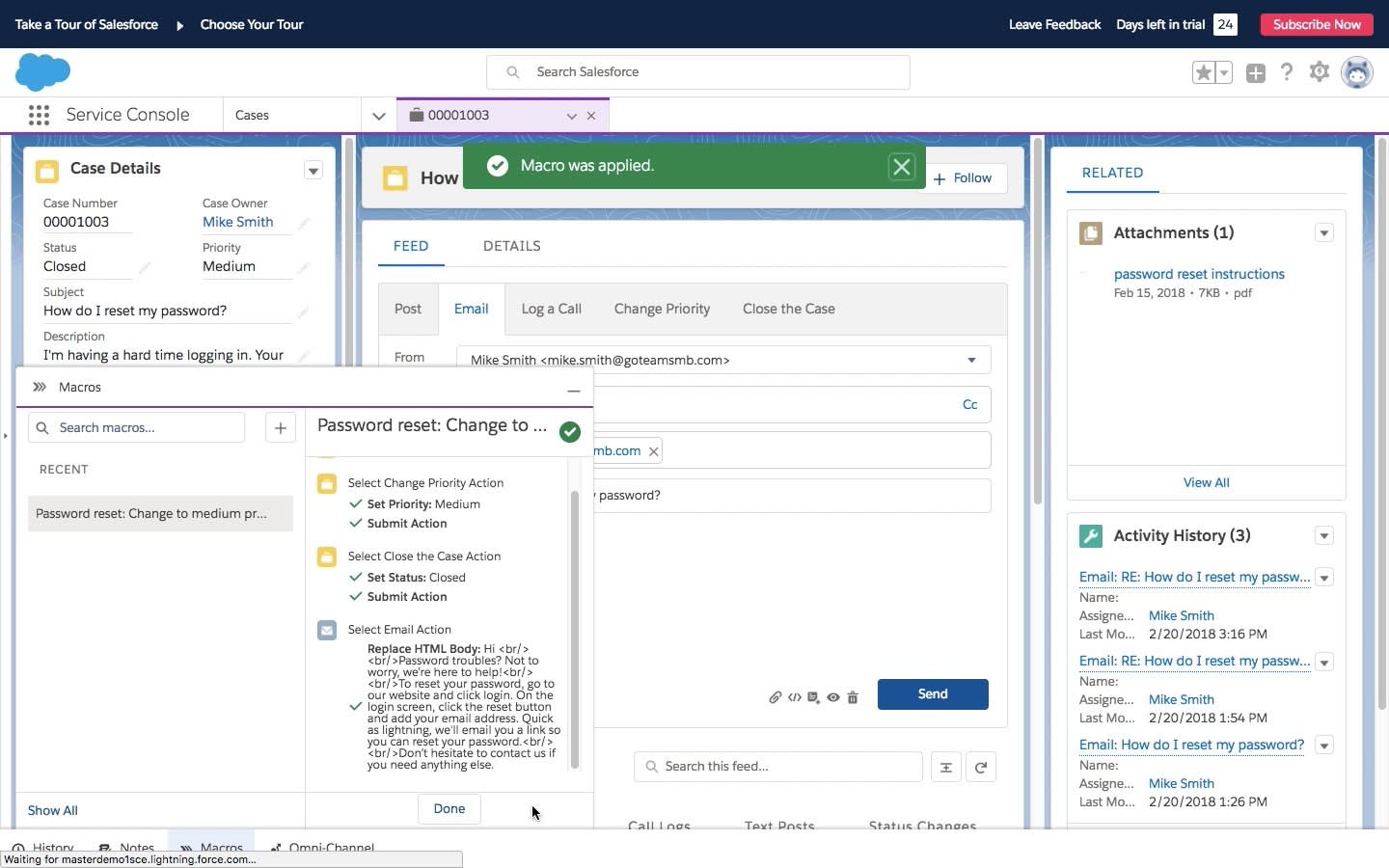 Une requête en cours dans la console dans Salesforce avec le composant macros ouvert
