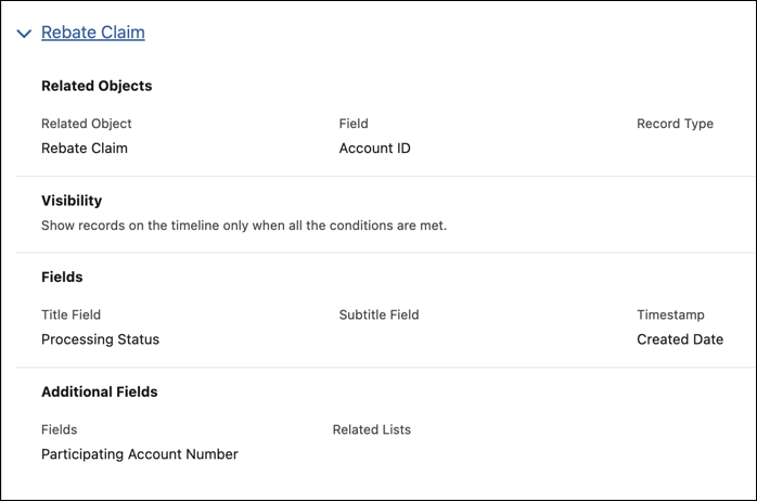 The related objects and fields for the Rebate Claim object on the Account Timeline record.