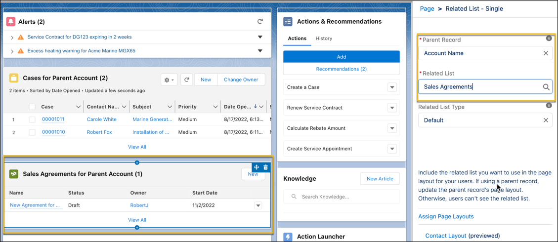The Related List-Single component added to the Contact page layout for the service console.