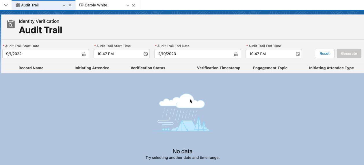 必要なインタラクションレコードを見つけるために使用可能な検索条件が表示されている [Audit Trail (監査履歴)] タブ