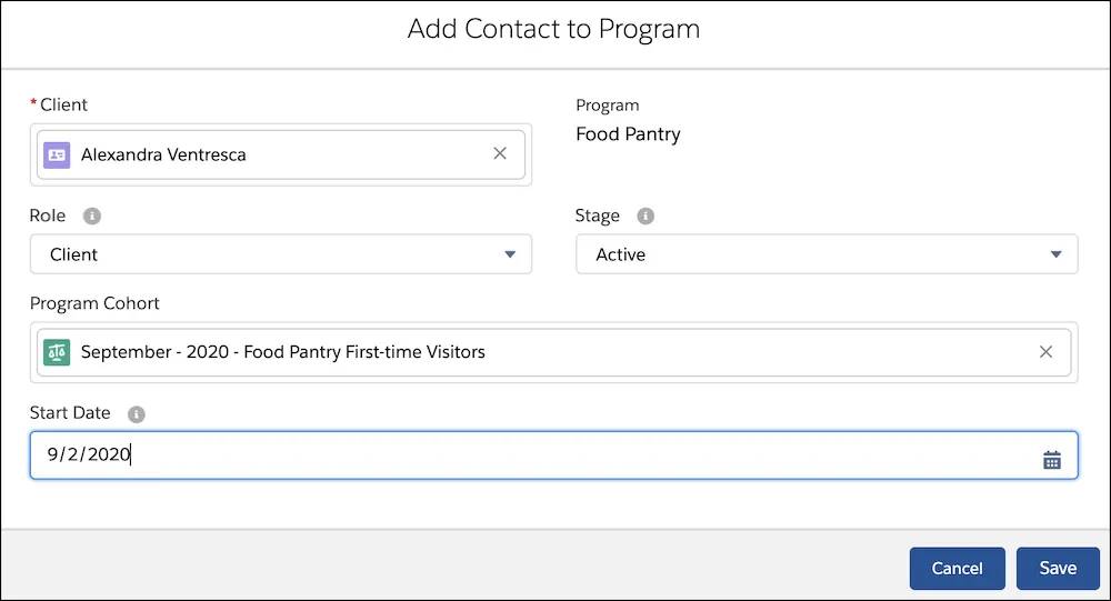 The Add Contact to Program interface, with Alex’s information entered