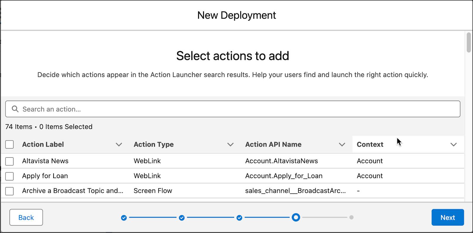 The Select actions to add page showing the actions available for selection.