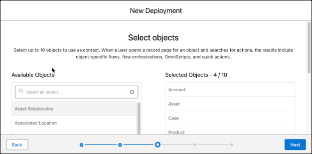 The Select objects page showing the list of objects that act as context for actions.
