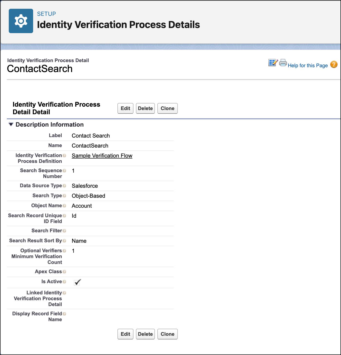 Predefined Identity Verification Process Details record.