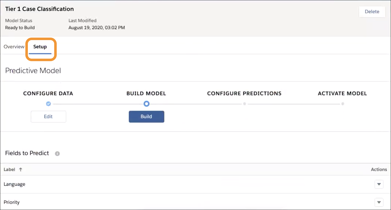 Setup tab on the Model Details page