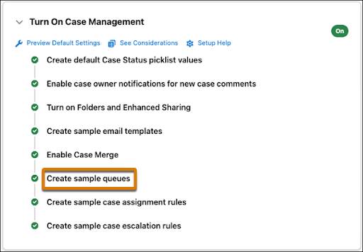 Salesforce Go 中已开启的 Case Management(个案管理)磁贴,其中 Create sample queues(创建队列示例)处于高亮状态。