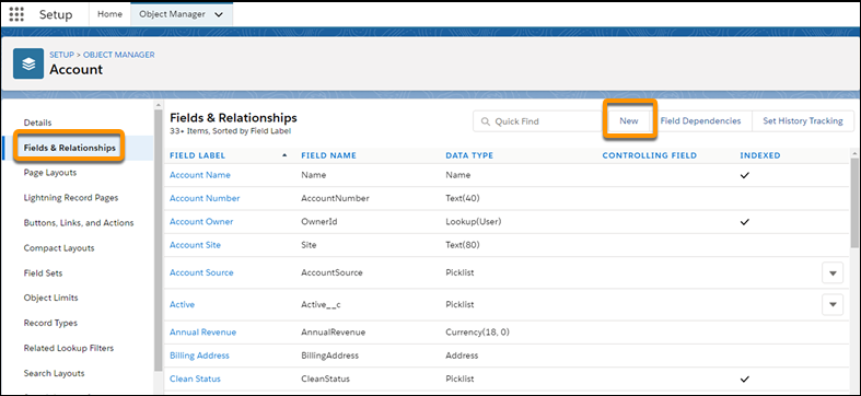 Account object tab showing the Fields & Relationships window in Object Manager
