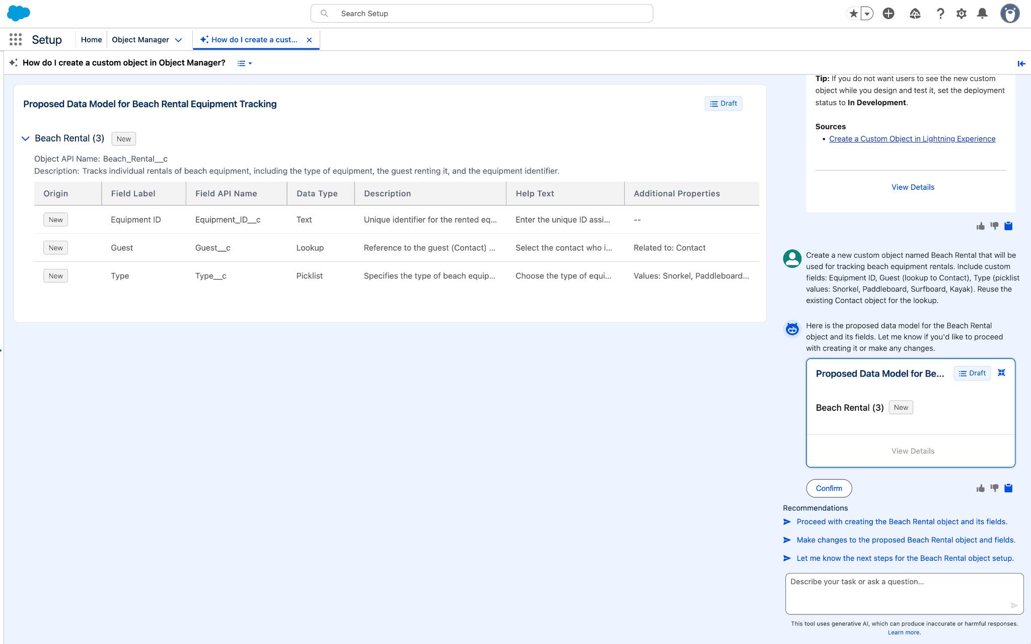 A conversation with the Setup agent, displaying a proposed data model for the custom object.
