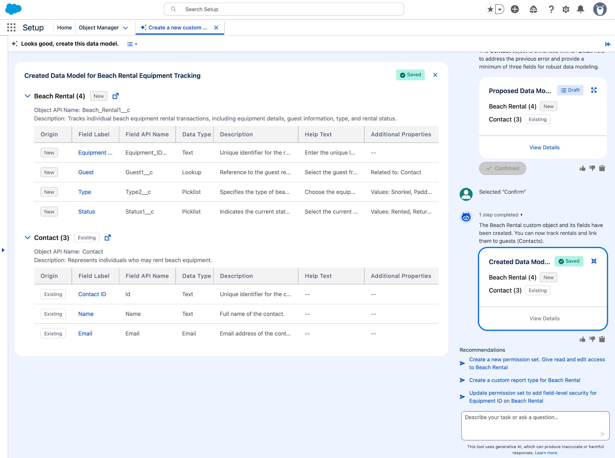 The continued conversation with the Setup agent, displaying a confirmed and created custom object.