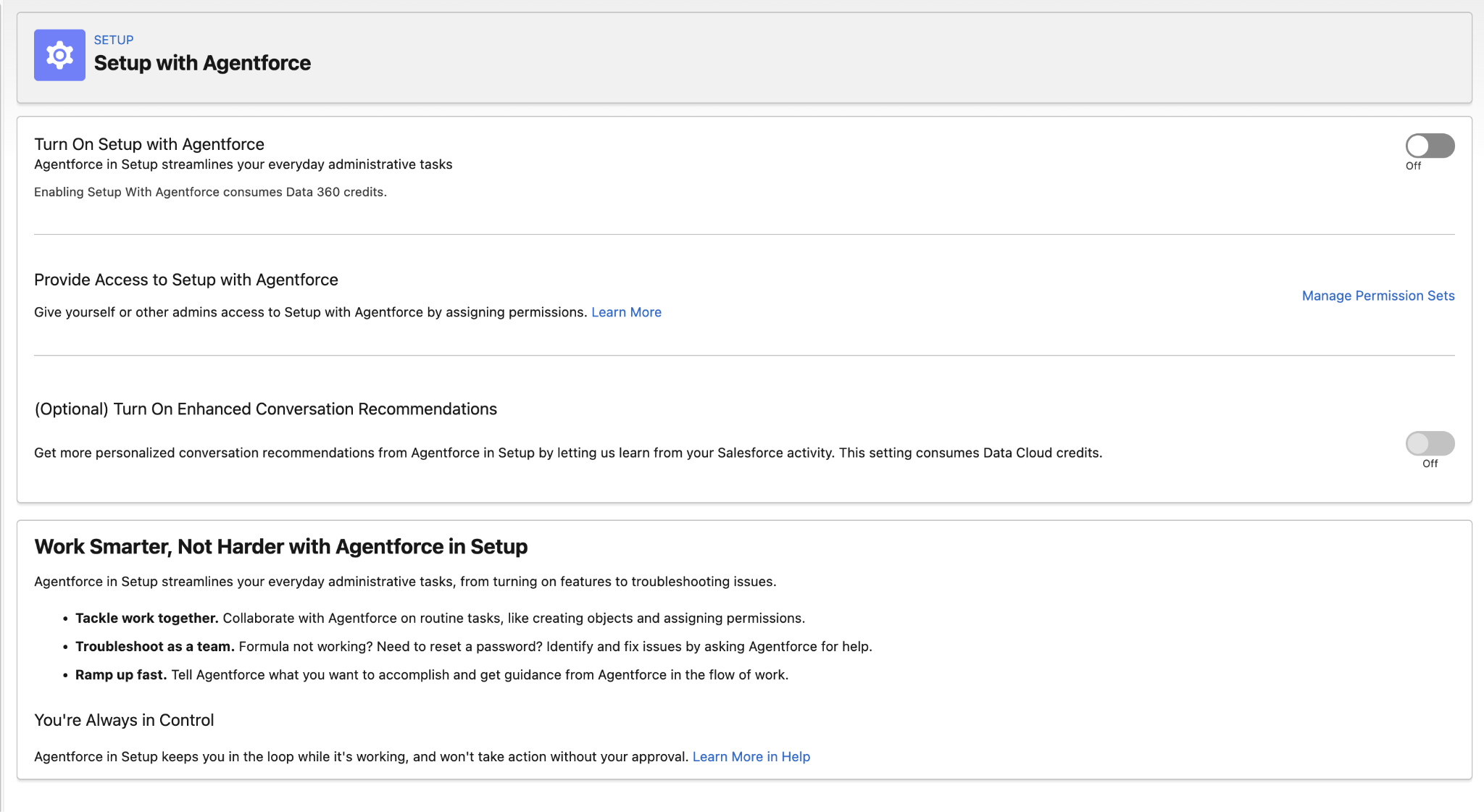 The Setup with Agentforce configuration page in Setup.