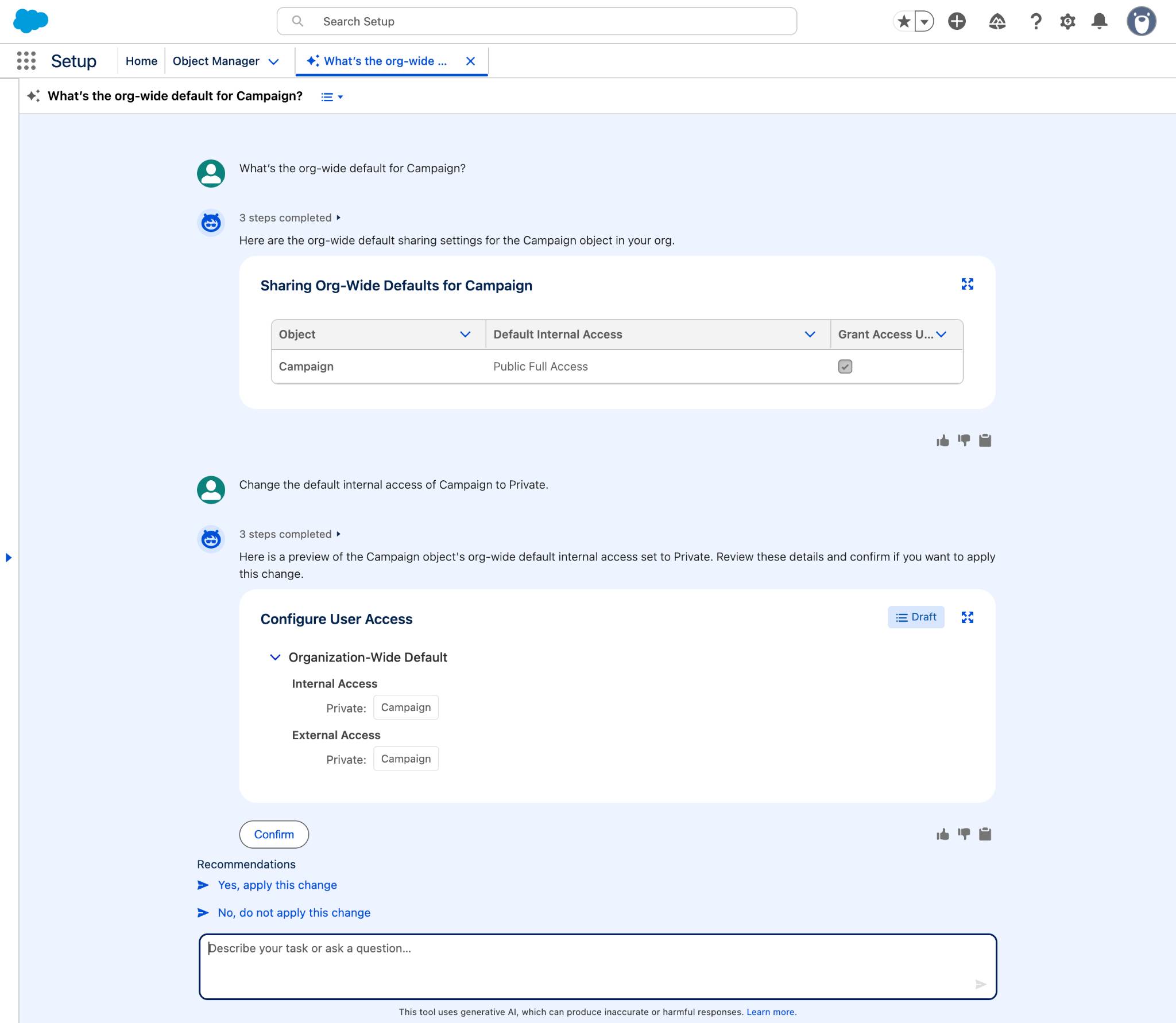 Organization-wide default changes to Campaign suggested by the agent.