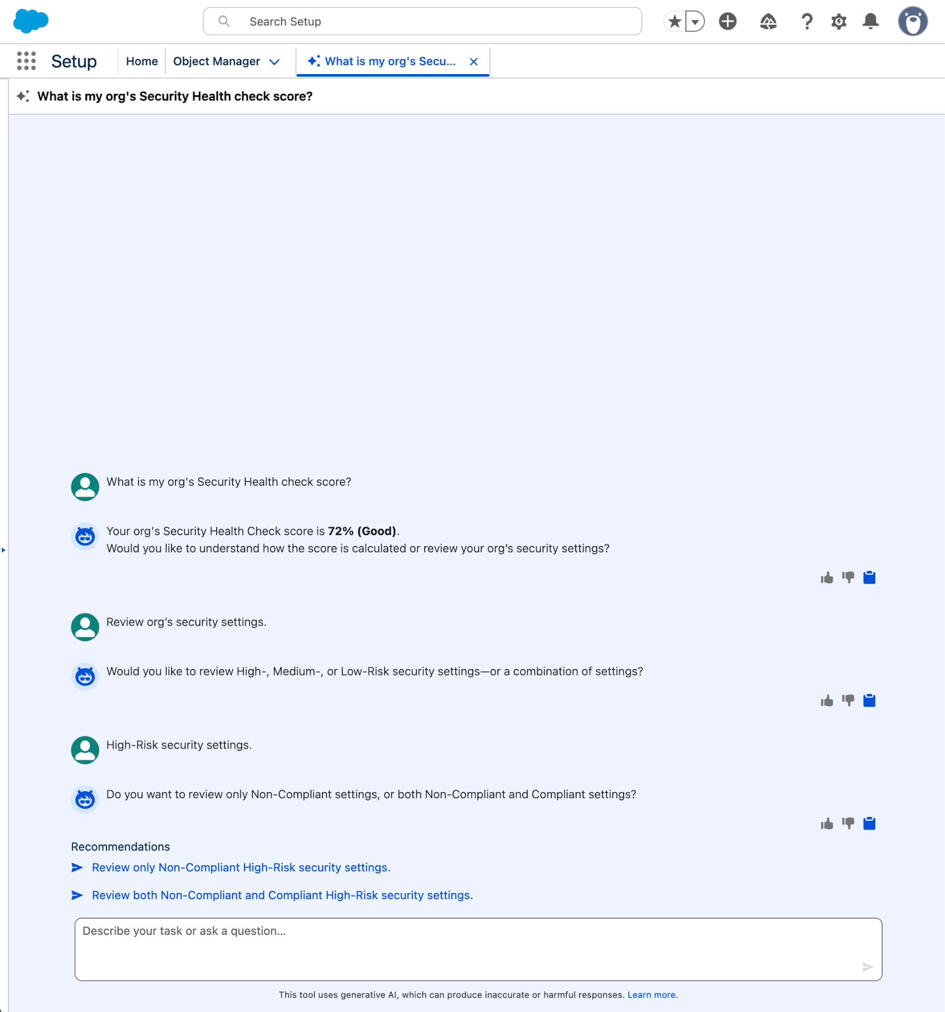 [Security Health Check (セキュリティ健全性チェック)] スコアに関するエージェントとの会話。