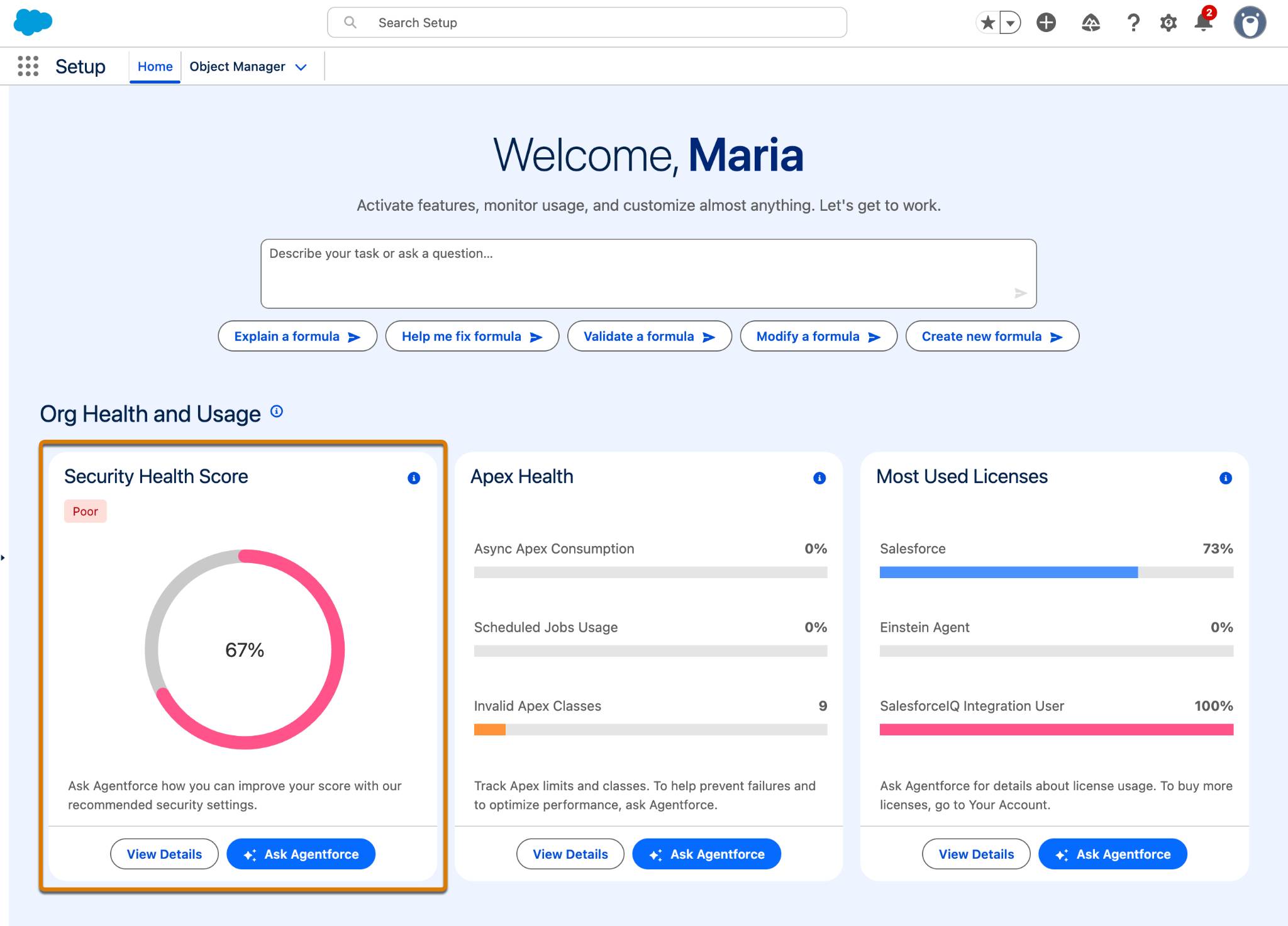 [Security Health Score (セキュリティ健全性スコア)] タイルが強調表示された [Setup Home (設定ホーム)] ページ。