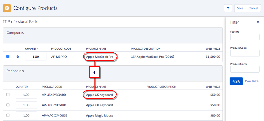 Tela Configurar produtos com o nome do produto destacado duas vezes