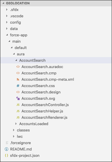 Visual Studio Code で、AccountSearch フォルダーが展開され、ファイルが表示されています。