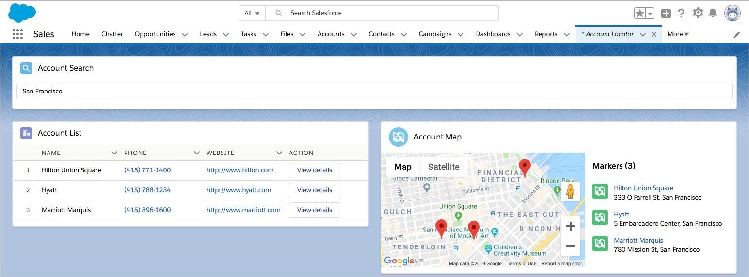 Componente Account Locator (Localizador de contas) com os componentes Account Search (Pesquisa de contas), Account List (Lista de contas) e Account Map (Mapa de contas)