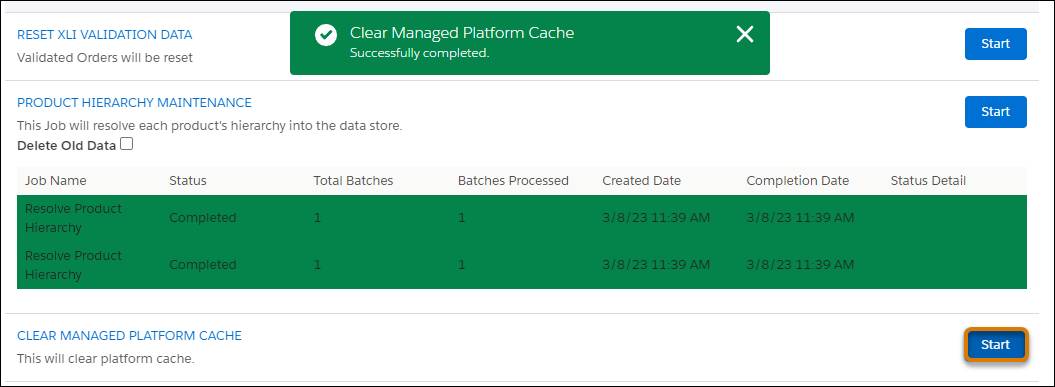 Clear Managed Platform Cache Start button.