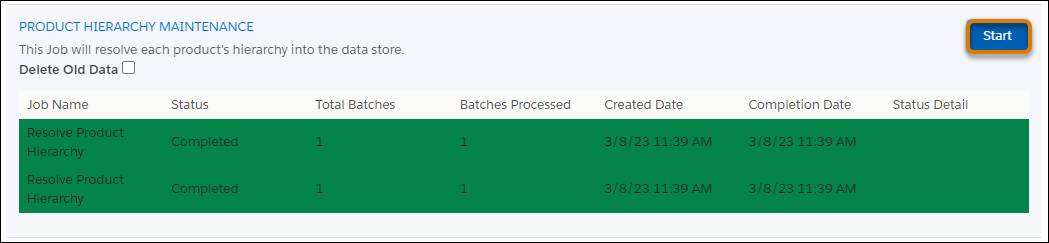 [Start (開始)] ボタンが強調表示されている [Product Hierarchy Maintenance (商品階層メンテナンス)] 画面。