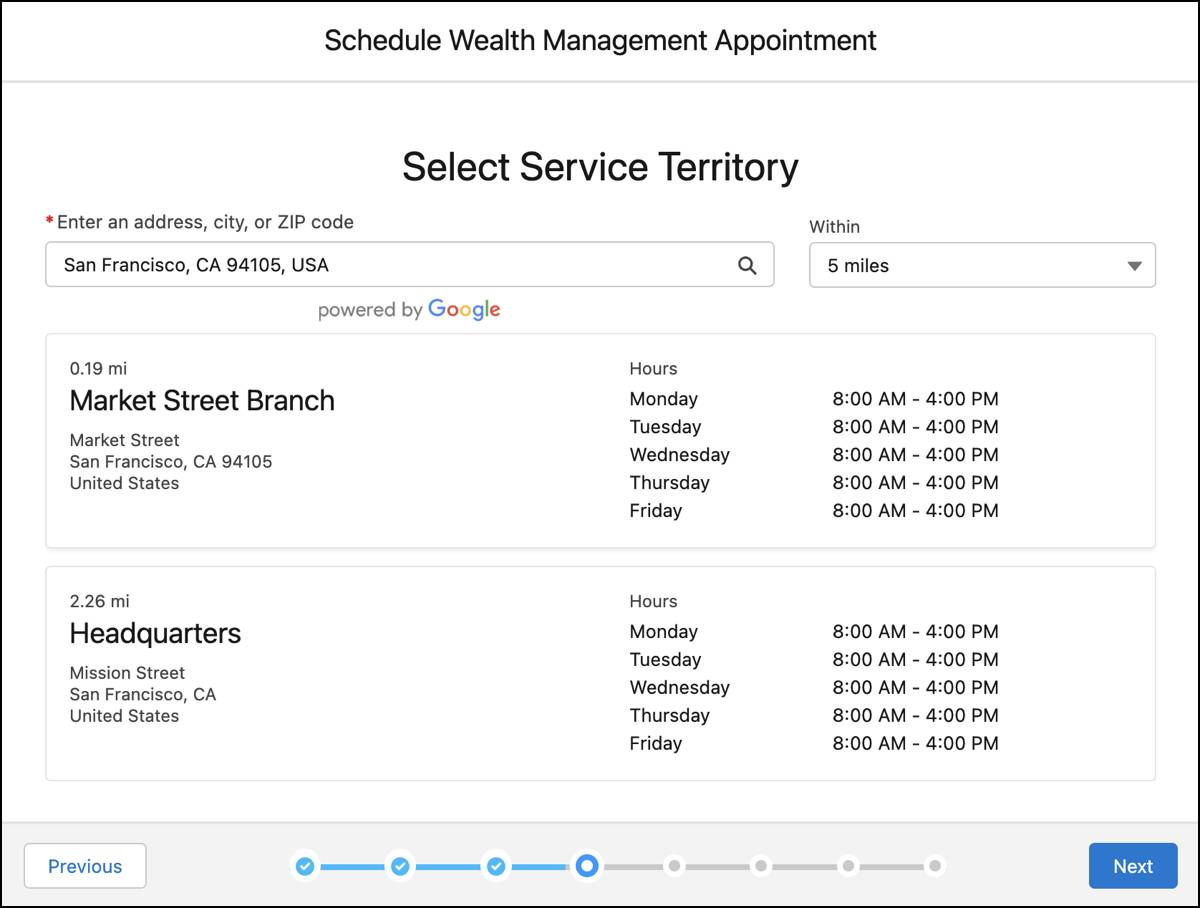 The Select Service Territory screen with the operating hours displayed.