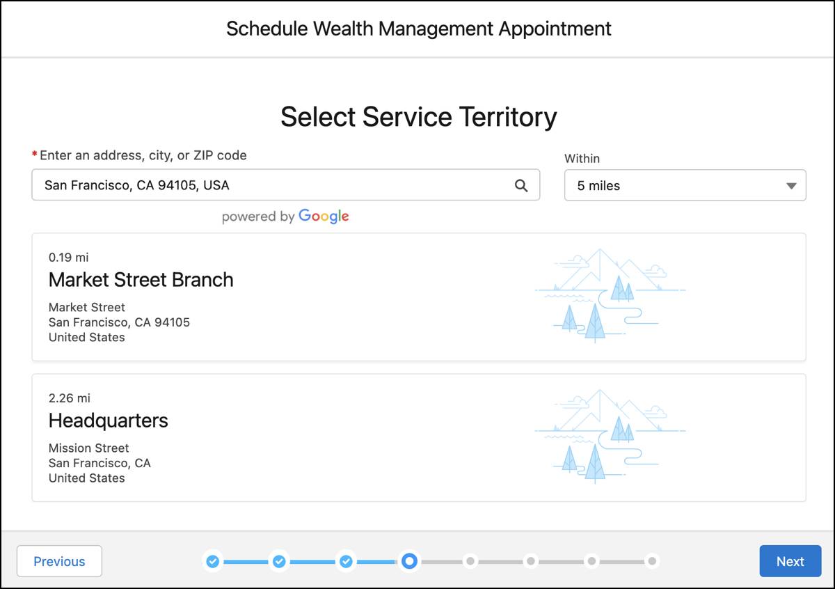 The Select Service Territory screen without operating hours.