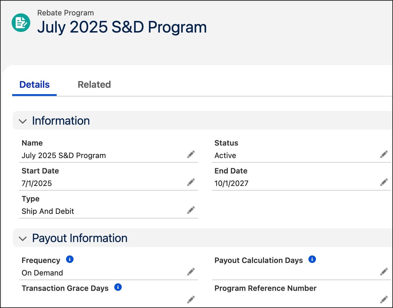 Example showing ship and debit rebate program type.