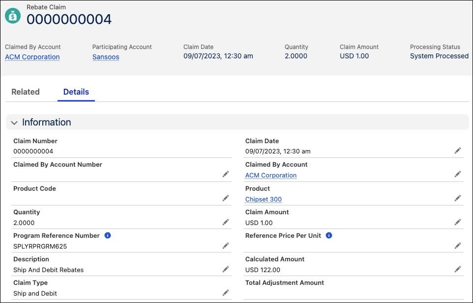 Example showing system processed rebate claim.