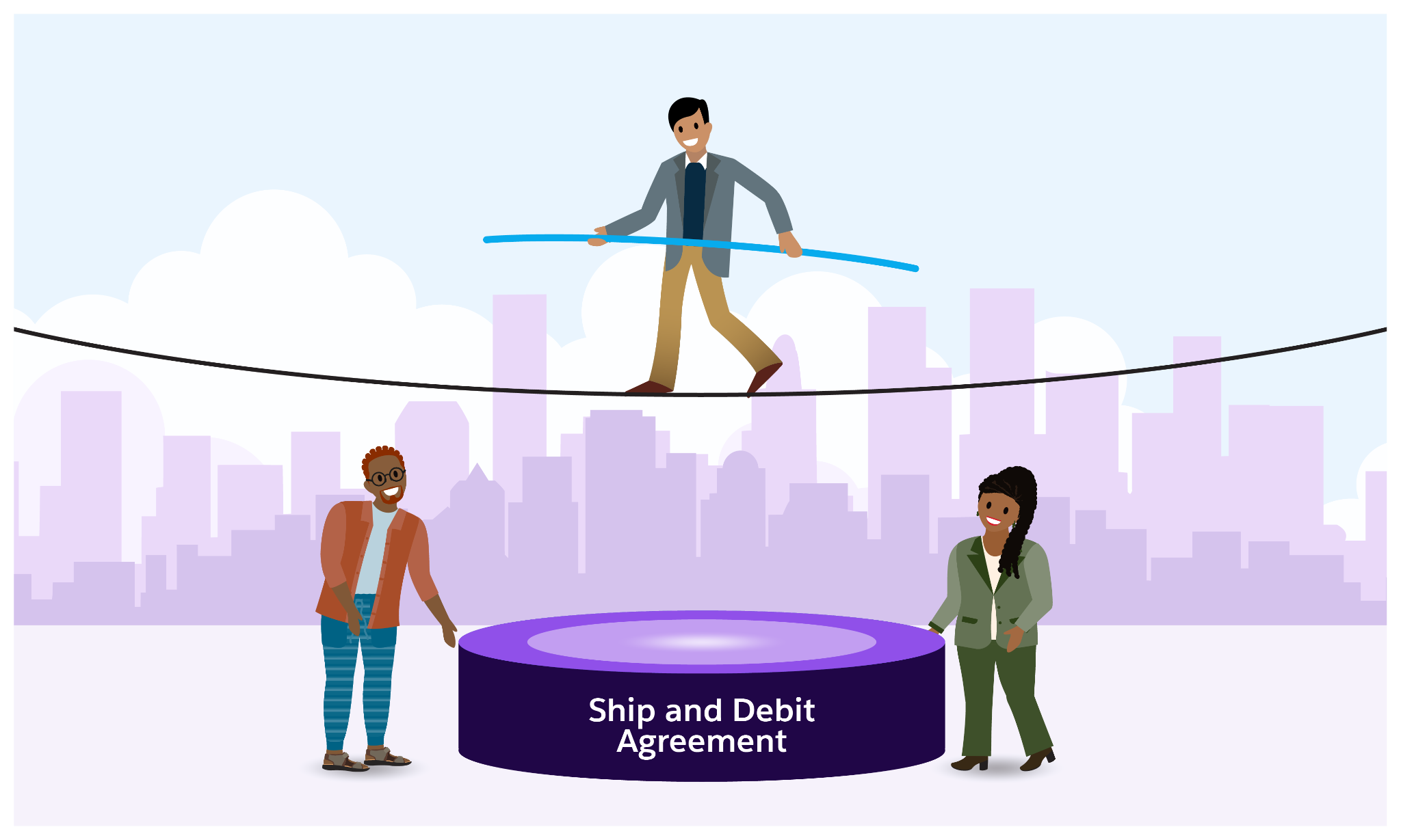 A distributor balancing on a high wire while a manufacturer holds a ship and debit safety net below.