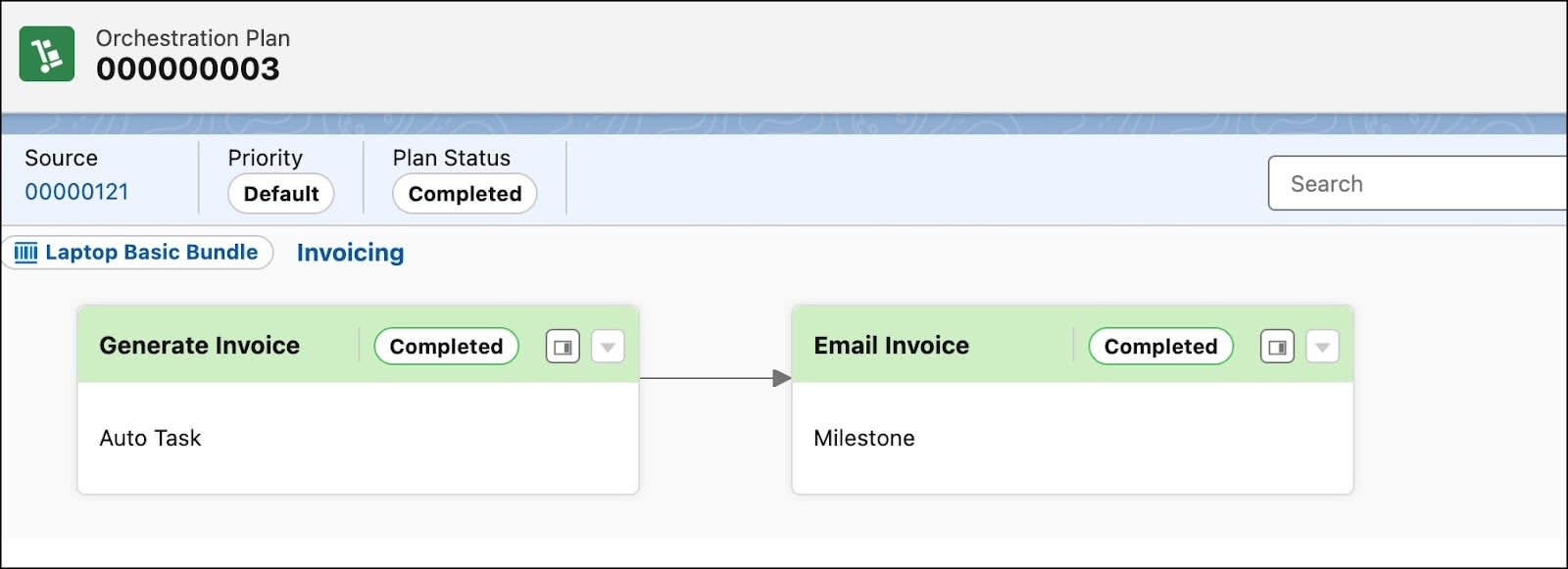 The Completed Laptop Basic Invoicing orchestration plan.