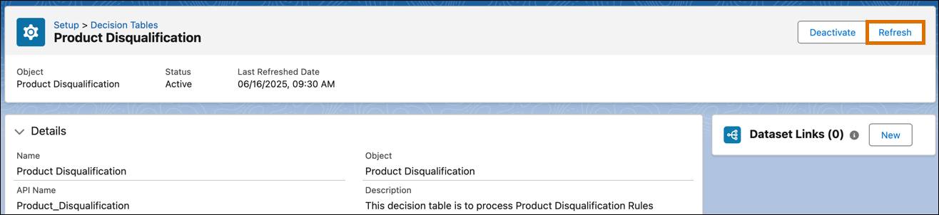 The Refresh button on the Product Disqualification page.
