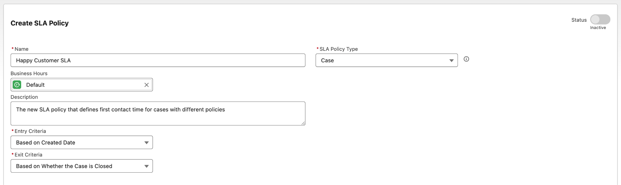 Window showing the new SLA policy created by Maria for High Priority Cases.