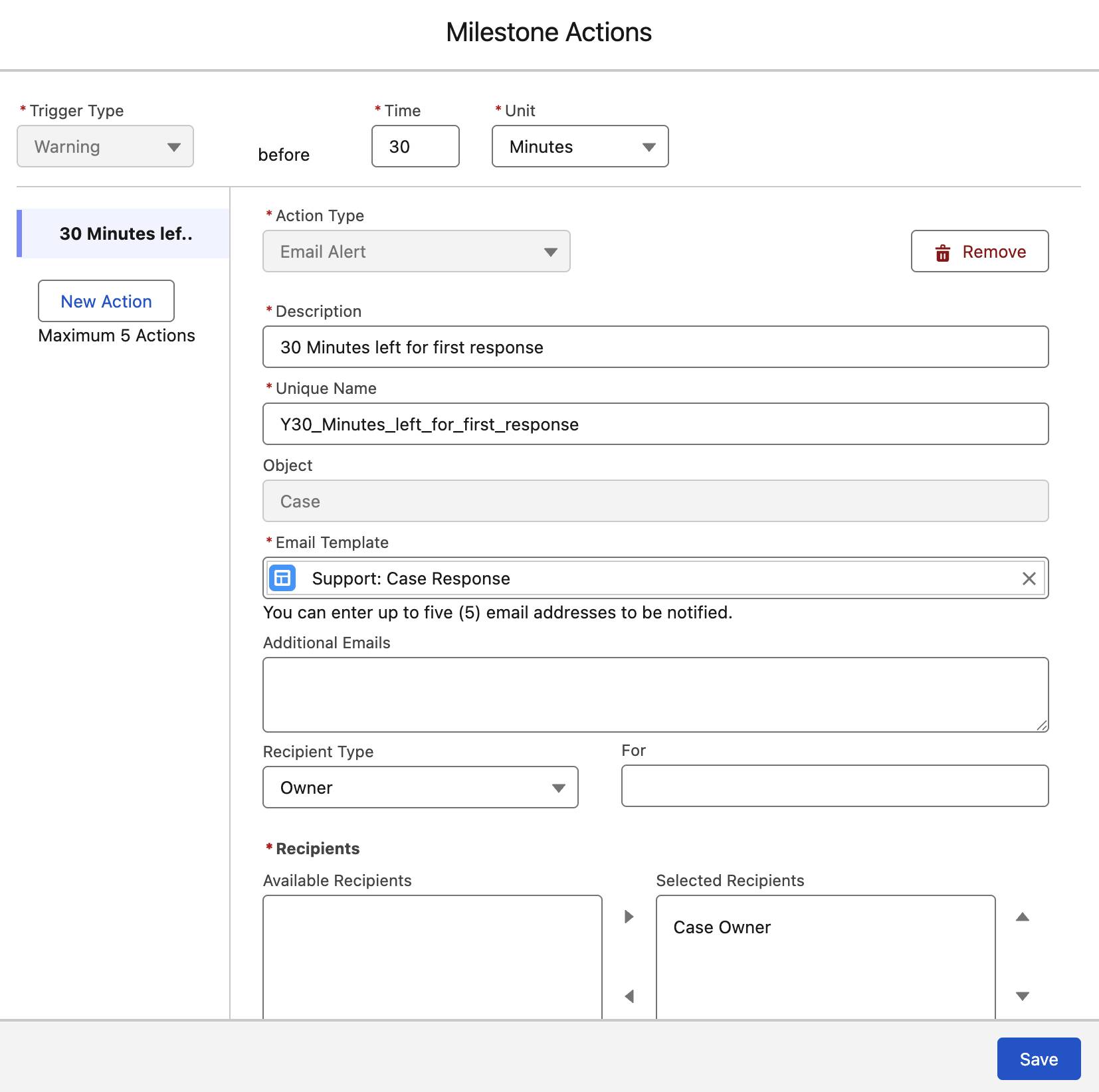 Milestone Actions Window with email alert fields filled with appropriate data.