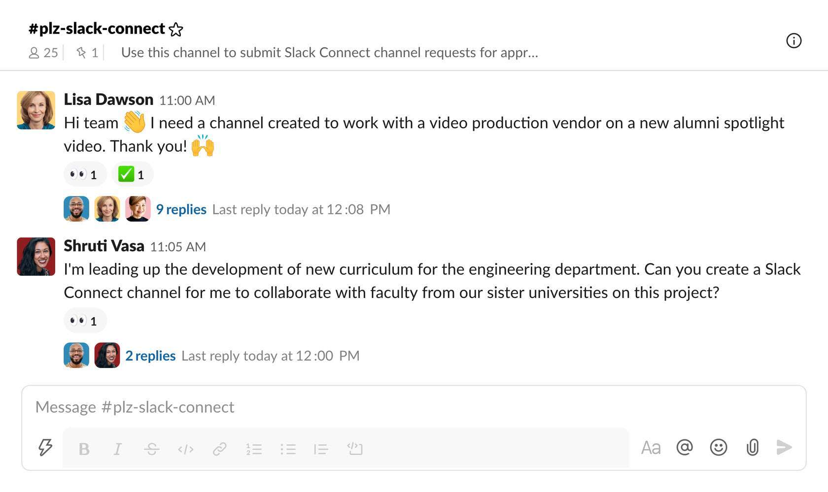 Slack コネクトチャンネルのリクエスト例を示す画像。