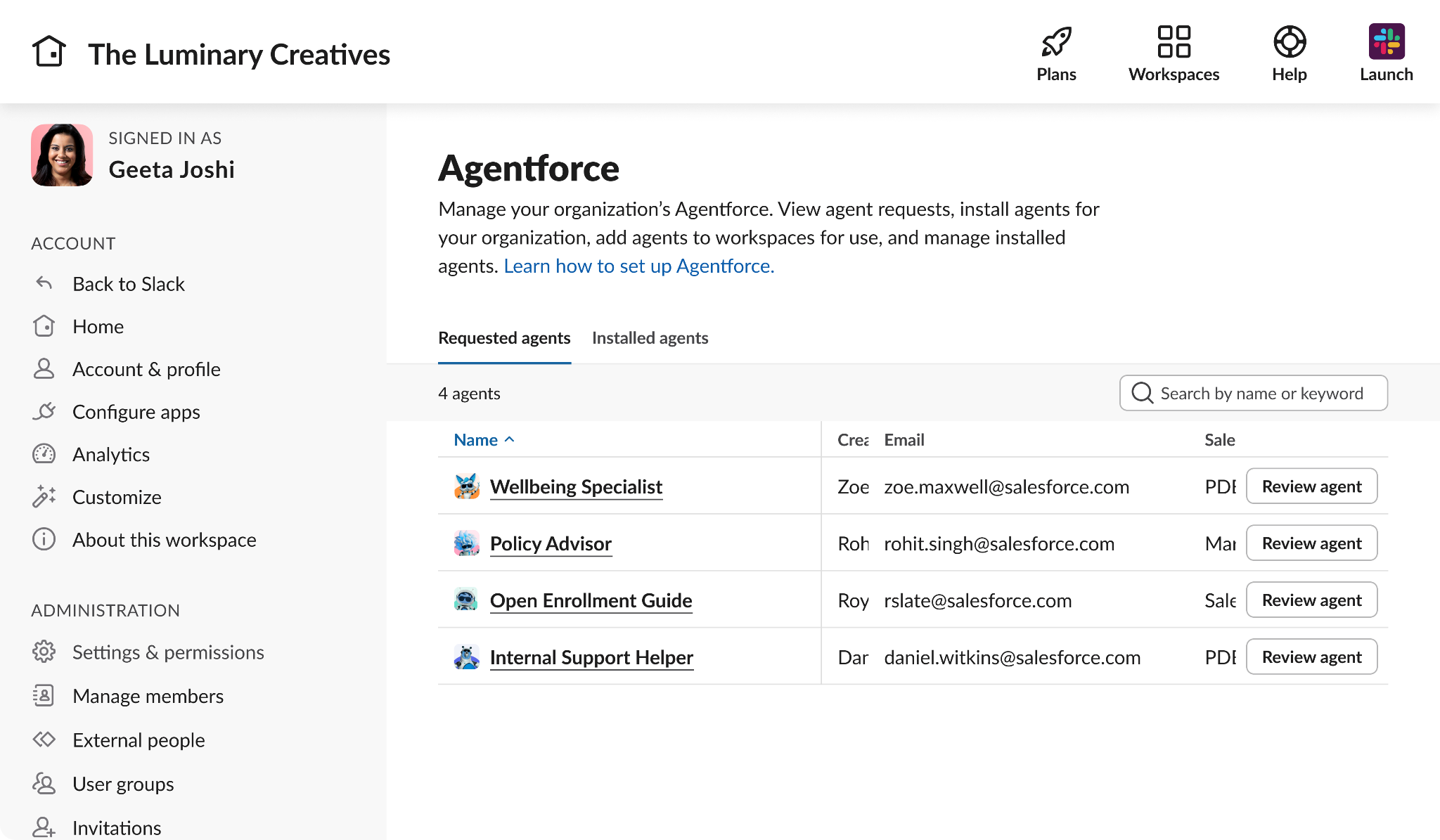 Agentforce Interface for Slack admins.