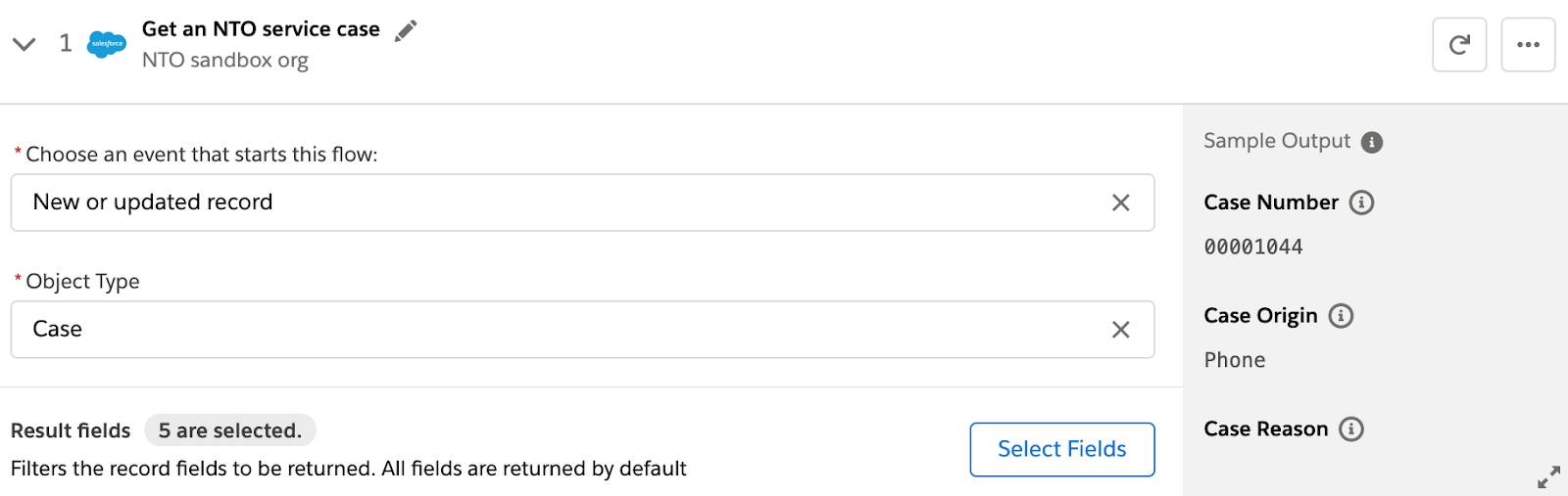Step 1 of flow with trigger event and object type fields and Select Fields button.