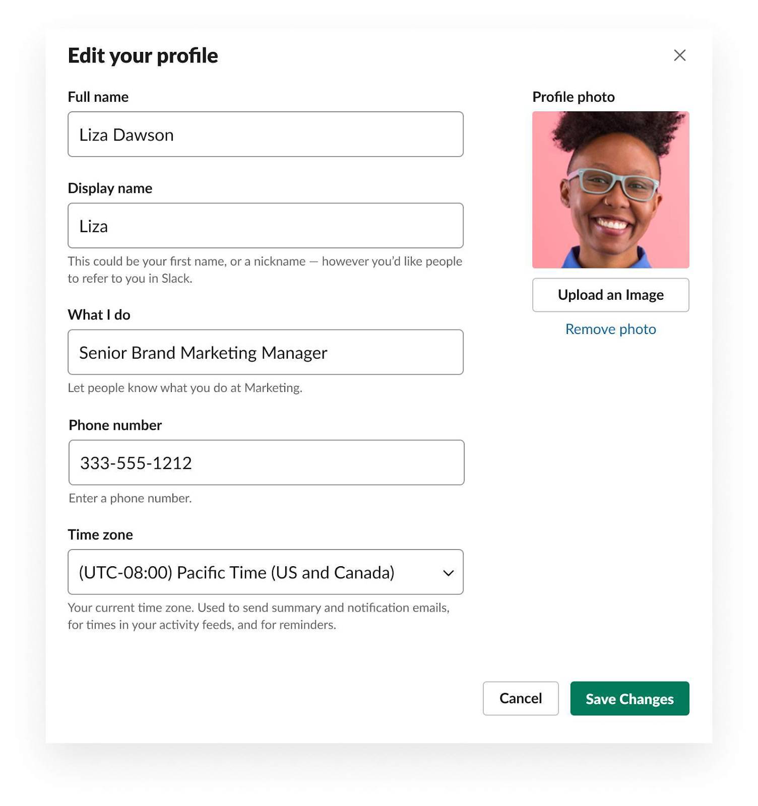 Die Seite zum Bearbeiten Ihres Profils in Slack