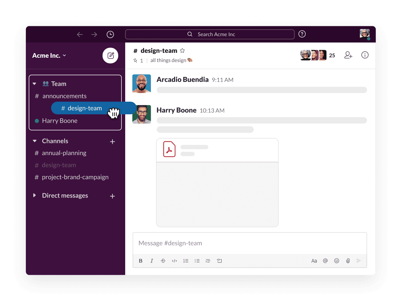 カーソルでチャンネルをドラッグアンドドロップして整理する Slack ワークスペース