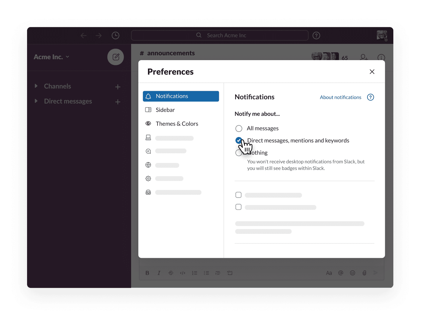 Slack 中的首选项部分