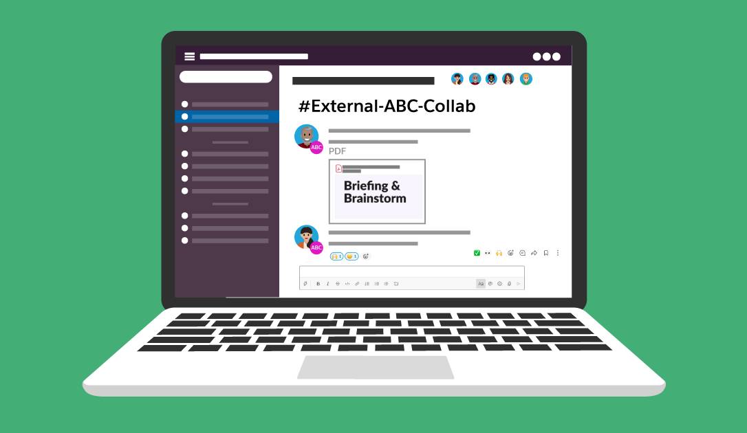 A shared channel in Slack, where marketers can work via Slack Connect with external collaborators.