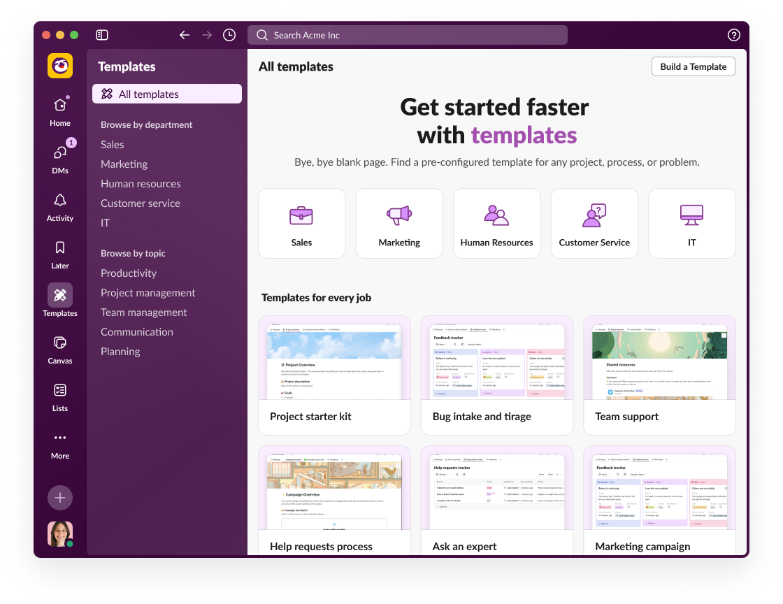 テンプレートの作成方法と、チームダッシュボード内でのテンプレートの位置を示す Slack ウィンドウ。