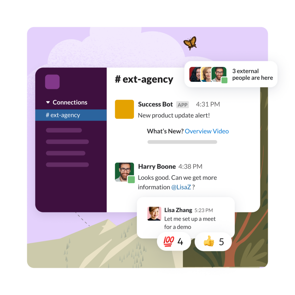 紫の空を背景に、3 人の外部ユーザーがいる代理店チャンネルで Slack コネクトが使用されている Slack ウィンドウ。
