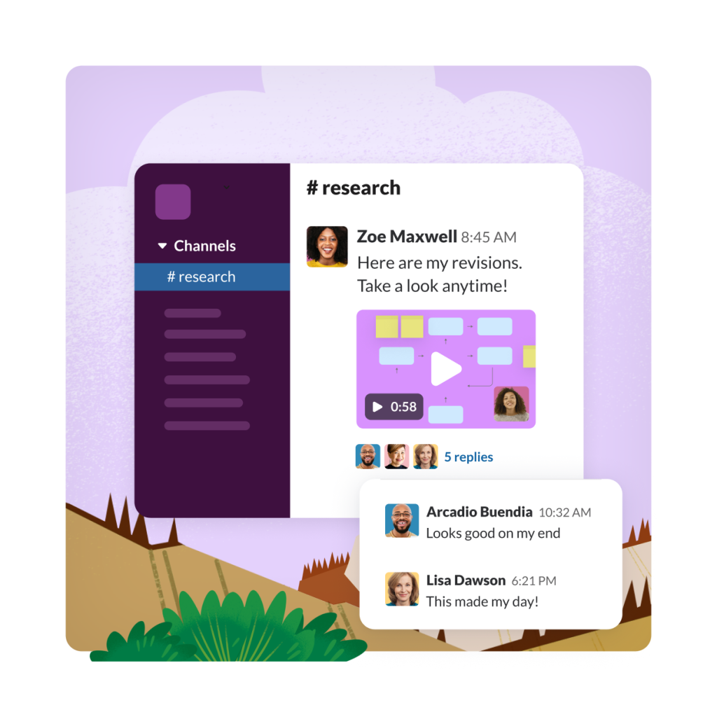 ピンク色の空と草の丘を背景に、調査チャンネルで Slack クリップが使用されている Slack ウィンドウ。