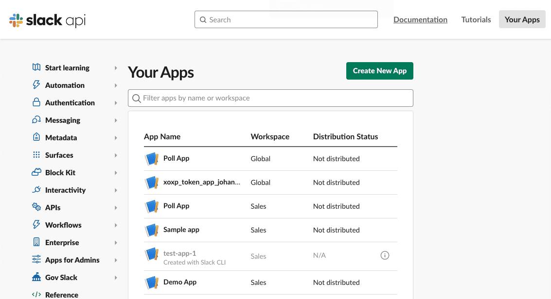 Slack API ダッシュボード。